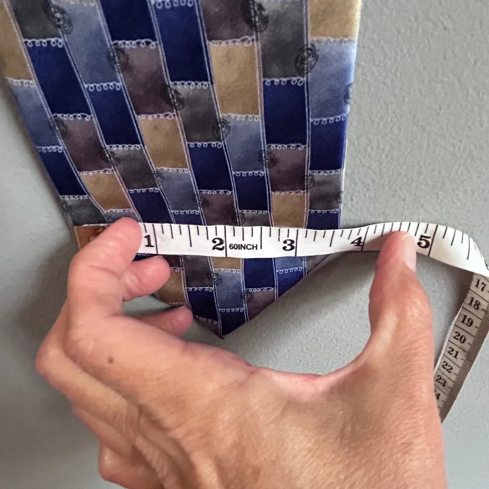 Cocktail Colors Mens Silk Tie Blue Gold Grey Geometric Patchwork Hand Made 61.5